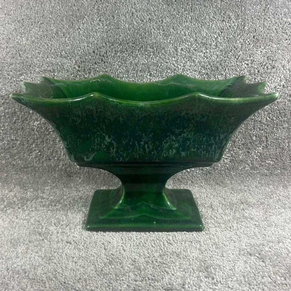 Pedestal Planter Green Scalloped Ceramic Centerpiece Bowl Vintage